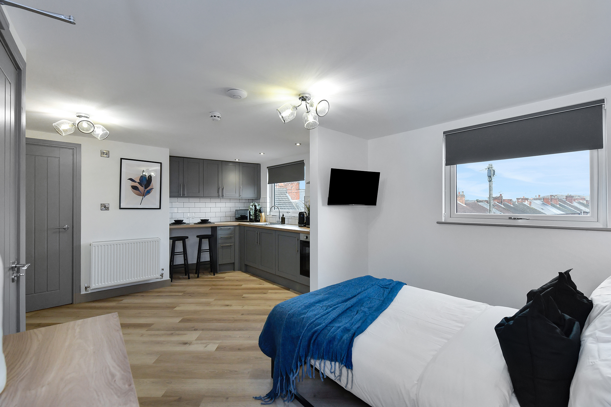 Bedroom and kitchenette at 64 Derbyshire Lane